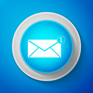 White Envelope icon isolated on blue background. Received message concept. New, email incoming message, sms. Mail delivery service. Circle blue button with white line. Vector Illustration