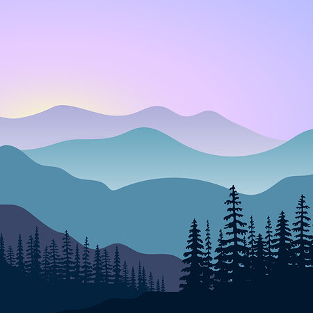 landscape with silhouettes of mountains and forest at sunrise. Vector illustration. mountains, hills, trees, mist, sun beam with sunrise or sunset sky. For prints, posters, wallpapers, web, background