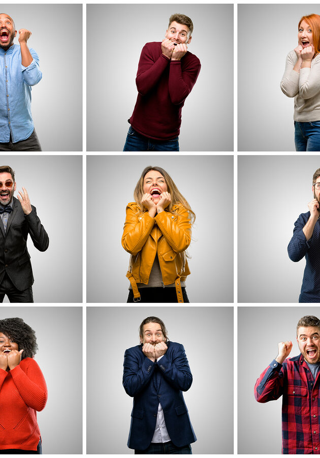 Group of mixed people, women and men happy and surprised cheering expressing wow gesture