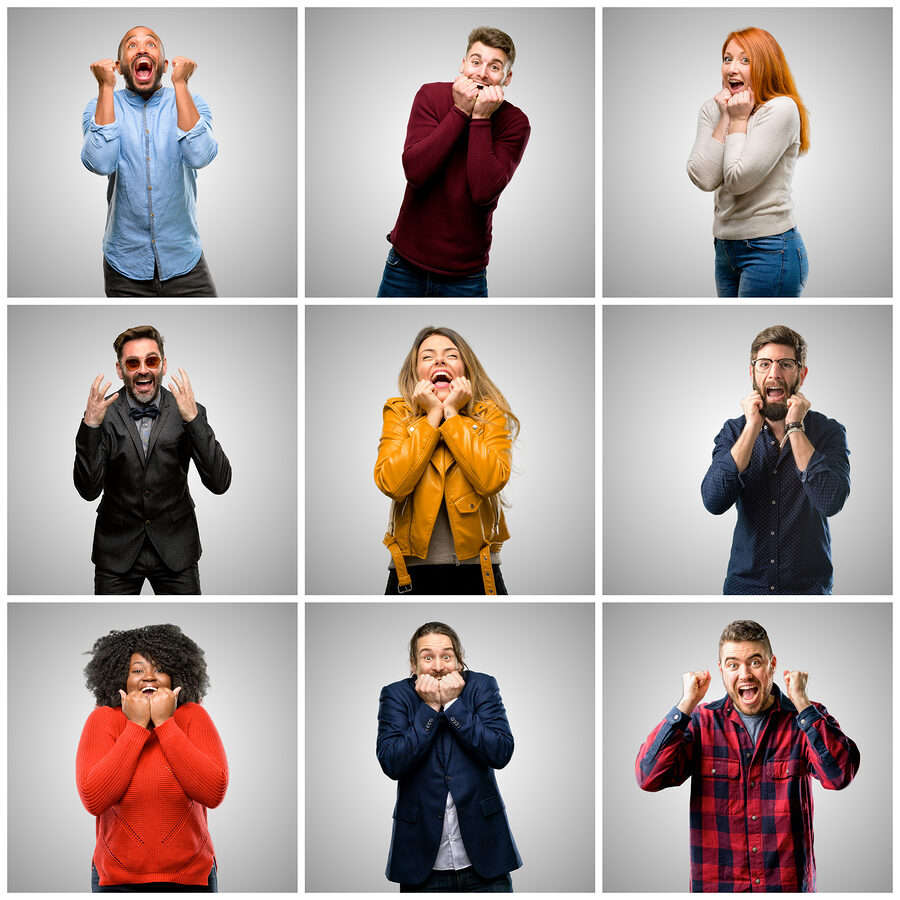 Group of mixed people, women and men happy and surprised cheering expressing wow gesture